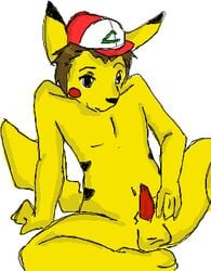 anthro ashchu baseball_cap brown_hair color erection front_view fur furry hair hat male male_only nintendo nude penis pikachu pokemon sitting solo tagme testicles what