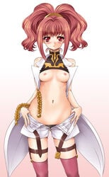 1girls anya_alstreim belt blush breasts code_geass expressionless female female_only long_hair midriff nipples open_fly red_eyes red_hair shirt_lift shorts solo thighhighs undressing unzipped