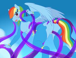 anthro anthrofied areola blue_background blue_fur bodysuit breasts clothed clothed_sex clothes cloud equine eyewear female friendship_is_magic fur goggles hair half-closed_eyes horse looking_back mammal multicolored_hair my_little_pony nipples open_mouth outdoors penetration plain_background pony rainbow_dash_(mlp) rainbow_hair sex solo spazzykoneko straight_hair tentacle tongue torn_clothes vaginal_penetration wings