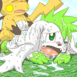 bodily_fluids cum flipnote_studio male/ambiguous pokémon_(species) pokemon pokemon_(species) raichu shaymin shaymin_(sky_form) sweatdrop tagme