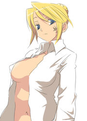 1girls blonde_hair blue_eyes breasts cecilia dress_shirt erect_nipples facial_mark female frown hair_bun hermmy large_breasts navel no_bra open_clothes open_shirt pangya shirt solo