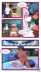 1boy 2girls absurd_res anthro big_breasts blue_hair brand_new_animal breasts canid canine canis comic dialogue english_text female female/female female_focus fox genitals hi_res male mammal michiru_kagemori multiple_girls nazuna_hiwatashi nude pink_hair procyonid pussy raccoon shirou_ogami studio_trigger text tutifruti_(artist) wolf yuri yuri_with_male_audience