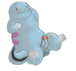 blue_skin blush color cum erection larvitar_(artist) male male_only nude penis pokemon quagsire sitting solo tagme