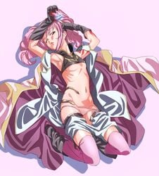 1girls anya_alstreim areolae armpits code_geass female female_only gloves light-skinned_female light_skin lying midriff navel p.k. panties panty_pull pink_eyes pink_hair shirt_lift solo tattoo thighhighs underwear