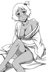 1girls areola blush breasts collar dark_skin female hyakko japanese_clothes kimono large_breasts minato_ooba monochrome no_panties ooba_minato pubic_hair sandals sawa_jaaji short_hair side_ponytail solo tear