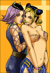 2girls canon_genderswap female female_anasui female_only human jojo's_bizarre_adventure jolyne_kujo lesbian multiple_girls narciso_anasui orange_background rule_63 stone_ocean tagme toned topless warai yuri