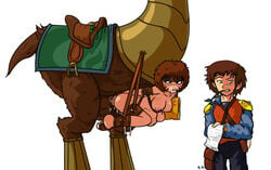 1girls 2boys avatar_legends avatar_the_last_airbender belly_riding bondage bound_together bystander clothing earth_kingdom female human interspecies jet_(avatar) jim_sugomi large_breasts leashed_to_genitals male male/female nipples ostrich_horse restrained sex simple_background smellerbee straight strapped suspension undercarriage zoophilia