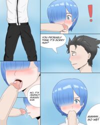 blue_eyes blue_hair blush blush fellatio mostly_clothed natsuki_subaru oral oral_sex penis_awe penis_lick re:zero_kara_hajimeru_isekai_seikatsu rem_(re:zero) rolovo speech_bubble spit text