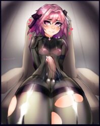 1boy androgynous astolfo_(fate) balls blush bodysuit bra collar erection eye_contact fate/grand_order fate_(series) femboy girly long_hair looking_at_viewer male male_only nelewdy nelody penis pink_eyes pink_hair precum ripped_bodysuit small_breasts solo testicles torn_bodysuit