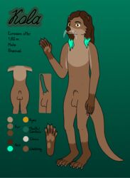 1boy 2020 anthro genitals green_penis hair highlights_(coloring) kola kola_(otter) long_hair lutrine male male_only mammal membrane_(anatomy) model_sheet mustelid nipples nude penis solo webbed_feet webbed_hands yellow_eyes