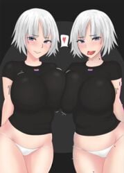 2girls big_ass big_breasts black_shirt blue_eyes breast_press hologram huge_breasts iana_(rainbow_six) large_breasts nowpayattention panties rainbow_six rainbow_six_siege short_hair smile tagme tom_clancy tongue tongue_out white_hair