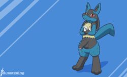 1boy absurd_res anthro balls big_balls big_penis clothed clothing crossed_arms genitals hi_res lucario male male_only nintendo pants_down partially_clothed penis pokemon pokemon_(species) rvlis solo uncut video_games wallpaper watermark