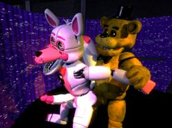 3_toes 3d 4_toes animatronic balls erect erection feet five_nights_at_freddy's five_nights_at_freddy's:_sister_location foot fox fox_ears fox_tail funtime funtime_foxy_(fnaf) funtime_foxy_(fnafsl) garry's_mod gay golden_freddy_(fnaf) grabbing_arms grabbing_from_behind happy_sex head_tuft ingame_model male_only penis pink_fur pink_lips pink_lipstick pink_nail_polish pink_nails pink_toenails red_bow red_bow_tie red_bowtie robot scottgames sister_location tail toenail_polish toenails toes yellow_eyes