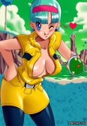 1girls blue_eyes blue_hair blue_pantyhose blush bulma bulma_briefs bulma_briefs_(frieza_saga) cleavage dragon_ball dragon_ball_z dragon_radar enessef-uu female female_only heart large_breasts namek nipple_slip one_eye_closed open_vest outdoors solo water wink winking