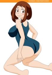 alpha_channel blush_stickers female female_only for_sticker_use kneeling large_breasts looking_at_viewer my_hero_academia nipples ochako_uraraka pervyangel png rear_view solo solo_female sticker_template swimsuit transparent_background transparent_png