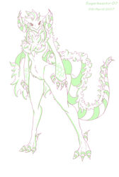 anthro anthrofied breasts claws fan_character female fur genitals green_body green_eyes green_fur hi_res horn kaiju multicolored_body multicolored_fur pussy simple_background solo sugarbeasts-07 two_tone_body two_tone_fur white_background white_body white_fur wings yellow_eyes