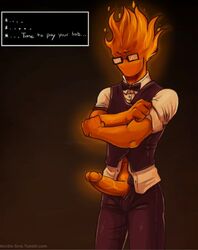 barman blush costume crossed_arms dark_background dialogue erection fire frown glasses grillby male medium_penis muscular orange_penis orange_skin penis suit undertale