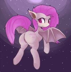 2020 absurd_res bat_pony cutie_mark equid female feral flutterbat_(mlp) fluttershy_(mlp) flying friendship_is_magic furry genitals hair hi_res looking_back mammal membrane_(anatomy) membranous_wings metapuns my_little_pony night_sky nude pink_hair pink_tail pussy rear_view solo wings