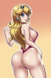 1girls ass ass_focus back barely_contained big_ass big_breasts big_butt blonde blonde_hair blue_eyes breasts butt_focus curvy_figure dat_ass earrings eye_contact female female_only flirting heart-shaped_pupils huge_breasts larger_ass leonart lips long_hair looking_at_viewer mario_(series) nintendo pale-skinned_female pale_skin princess_peach skimpy_clothes solo sunglasses sunglasses_on_head super_mario_odyssey swimsuit thick_ass thick_thighs thighs