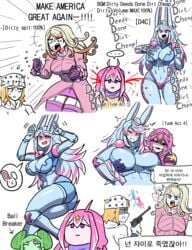 5girls animal_ears ball_breaker_(jjba) big_breasts black_sclera blonde blonde_hair blood blue_eyes blue_hair blue_skin blush blushing bracelets breast_grab breasts bunny_ears busty cleavage clothing curvy dirty_deeds_done_dirt_cheap double_bun dress english_text eyebrows_visible_through_hair eyelashes female female_only firearm fully_clothed funny_valentine garter_straps gloves green_hair gun hair_buns hairbuns handgun hands_on_breasts highres holding_gun holding_weapon huge_breasts human johnny_joestar jojo's_bizarre_adventure korean_text large_breasts legwear lesbian long_hair long_sleeves mannungei motion_lines navel nervous one_eye_closed open_mouth pink_dress pink_eyes pink_hair pink_thong pink_underwear purple_gloves purple_legwear purple_stockings purple_thighhighs rabbit_ears revolver rule_63 saliva saliva_drip screaming sexually_suggestive speech_bubble spitting spoken_ellipsis stand_(jjba) steel_ball_run stockings sweat sweatdrop sweating teeth text thick_thighs thighhighs thong tongue translation_request tusk_(jjba) two-tone_hair two_tone_hair underwear voluptuous weapon white_background wide_hips worried yuri