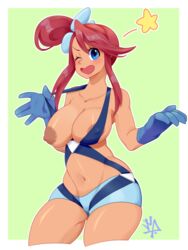 1girls areolae big_breasts blue_eyes blush female female_only gloves long_hair minishorts nintendo nipples one_eye_closed pokemon pokemon_bw red_hair shorts skyla_(pokemon) solo thick_thighs thighs tight_clothing topless weepinbelly wide_hips