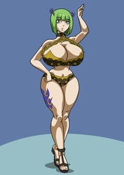 1girls art-2u big_breasts bikini brandish_mew cleavage curvaceous curvy fairy_tail female_only green_eyes green_hair huge_breasts sandals short_hair solo standing