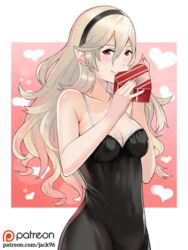 box camisole corrin_(fire_emblem) corrin_(fire_emblem)_(female) covered_navel female fire_emblem fire_emblem_fates hair_between_eyes hair_ornament hairband heart-shaped_box j@ck long_hair looking_at_viewer manakete pointy_ears red_eyes silver_hair smile solo