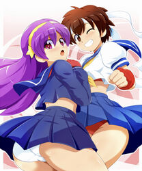 2girls ass athena_asamiya bandana blushing brown_hair cameltoe capcom capcom_vs_snk crossover king_of_fighters konpeto long_hair looking_back multiple_girls panties purple_hair red_panties sakura_kasugano school_uniform schoolgirl short_hair smile snk snk_vs_capcom street_fighter upskirt white_panties wink