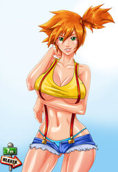 1girls 7th-heaven abs alternate_breast_size big_breasts female female_only green_eyes kasumi_(pokemon) large_breasts misty_(pokemon) nintendo nipples orange_hair panties pokemon pokemon_rgby short_hair smile smiling solo suspenders underboob