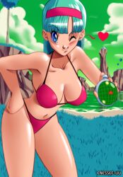 1girls bikini blue_eyes blue_hair blush bulma_briefs bulma_briefs_(frieza_saga) cleavage dragon_ball dragon_ball_z dragon_radar enessef-uu female female_only heart large_breasts namek one_eye_closed solo thighs water wink winking