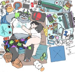 2020 anthro ass barely_visible_genitalia barely_visible_penis belly closed_eyes clothing computer duo genitals hi_res hug human humanoid_hands kemono lying male male/male mammal nintendo nintendo_switch overweight overweight_male penis plushie s_ouo shirt sleeping tokyo_afterschool_summoners topwear tsathoggua video_games