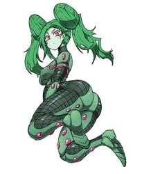 1girls ass ball_breaker_(jjba) big_ass big_butt bodysuit breasts butt clothing curvy double_bun female female_only fully_clothed green_bodysuit green_hair hair_buns hairbuns highres huge_ass huge_butt jojo's_bizarre_adventure large_ass looking_at_viewer mannungei medium_breasts nipple_outline pink_eyes rule_63 sexually_suggestive solo stand_(jjba) steel_ball_run thick_thighs twintails white_background wide_hips