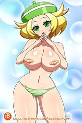 1girls bianca_(pokemon) big_breasts blonde_hair female female_focus female_only green_eyes green_striped_panties nintendo nipples pokemon pokemon_bw shimapan short_blonde_hair solo solo_female solo_focus striped_panties yensh