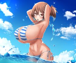 armpits belly belly_button big_breasts blush blushing glasses huge_breasts mameneko minami_rina ocean swimsuit thin_waist water wet