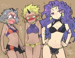 2020 3girls battle_tendency blush bra breasts esidisi grey_hair hi_res highres japanese_text jojo's_bizarre_adventure kars loincloth long_hair panties purple_hair rule_63 skimpy skimpy_clothes surprised sweat tears toujou_sakana translation_request wamuu yellow_hair