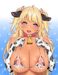 ahoge animal_ears animal_print bare_shoulders bell bell_collar bikini blonde blonde_hair blue_background blue_eyes blush breasts cleavage collar comic_unreal commentary_request covered_nipples cow_ears cow_horns cow_print cowbell dark_elven_forest_ranger dark_elven_forest_ranger_(cowgirl_bikini) dark_skin ear_tag elbow_gloves eyebrows_visible_through_hair female gloves gradient gradient_background heart heart-shaped_pupils horns lactation lactation_through_clothes large_breasts last_origin long_hair looking_at_viewer masami_chie milk open_mouth saliva simple_background sleeveless solo sweat swimsuit symbol-shaped_pupils teeth tongue two-tone_background upper_body watermark white_background