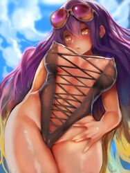 areola_slip areolae aviator_sunglasses blush breasts brown_hair cameltoe cleavage covered_nipples cross-laced_clothes female gradient_hair highres hijiri_byakuren jubakurei large_breasts long_hair looking_at_viewer multicolored_hair one-piece_swimsuit purple_hair see-through solo sunglasses sunglasses_on_head swimsuit thighs touhou two-tone_hair wavy_hair