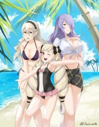 3girls bare_arms bare_legs bare_midriff bare_shoulders bare_thighs beach belly big_breasts big_sister bikini breast_size_difference breasts camilla_(fire_emblem) cleavage confident corrin_(female)_(fire_emblem) corrin_(fire_emblem) drill_hair elise_(fire_emblem) elise_(summer)_(fire_emblem) female female_only fire_emblem fire_emblem_fates fire_emblem_heroes front-tie_top hair_over_one_eye hairband highres human human_only j@ck large_breasts long_hair looking_at_viewer manakete mature mature_female medium_breasts midriff multiple_girls navel nintendo ocean one-piece_swimsuit one_eye_closed one_eye_covered purple_bikini purple_eyes purple_hair purple_swimsuit sea seaside siblings sisters small_breasts smile smiling smiling_at_viewer stomach swimsuit twin_drills twintails very_long_hair water wavy_hair wholesome