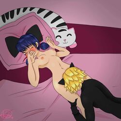 adrien_agreste areolae bedroom blonde_hair blue_hair blush breasts cat_ears cat_noir clothed_male_nude_female cunnilingus eyes_closed female kanon65 licking_pussy male marinette_cheng marinette_dupain-cheng miraculous_ladybug nipples on_bed oral pigtails straight unseen_male_face