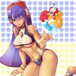 1girls android beauty_mark bikini breasts capcom cherry clothed curvy drink drinking_glass drinking_straw flower food fruit glass_cup green_eyes green_pupils hair_covering_eye hi_res ice_cube ice_cubes jewelry large_breasts layer long_hair mega_man mega_man_x mega_man_x_dive melon orange_(fruit) purple_hair red_flower reploid robot robot_girl robot_joints smile solo swimsuit swimsuit_layer_(x_dive) tan_skin underboob white_sclera zero_(mega_man) いもこん_(artist)