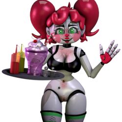 3d animatronic baby_(fnafsl) black_bra black_underwear blackterio bottomless bra breasts circus_baby circus_baby_(fnaf) five_nights_at_freddy's five_nights_at_freddy's:_sister_location freckles freckles_on_chest ginger green_eyes gynoid looking_at_viewer no_panties pussy red_hair redhead sister_location smile smiling so87baby solo source_filmmaker summer_of_87_baby transparent_background twintails underwear waitress waving_hand white_background white_body