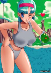 1girls blue_eyes blue_hair blush bulma_briefs bulma_briefs_(frieza_saga) dragon_ball dragon_ball_z dragon_radar enessef-uu female female_only grey_panties grey_underwear heart large_breasts namek one_eye_closed solo underwear underwear_only water wink winking