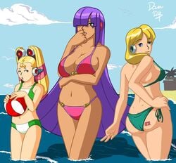 00s 2000s 2006 3girls alia ass beach beach_ball big_breasts bikini bikini_bottom bikini_top blonde_hair blue_eyes bra breasts clothed green_eyes hair_over_one_eye hand_on_hip layer lifting_breasts mega_man mega_man_x multiple_girls pallette panties purple_hair reploid robot robot_girl swimsuit timestones