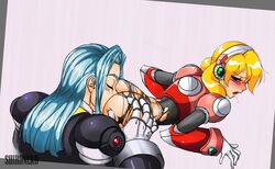 1boy 1girls alia arched_back ass blonde_hair blue_hair blush bodysuit clothed dynamo gradient_background groping groping_ass headphones looking_back mega_man mega_man_x oral reploid rimming robot robot_girl saliva shironeko sniffing sniffing_anus straight torn_bodysuit torn_clothes