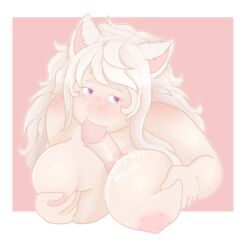 1boy accalia_(@yagi_arts) big_breasts blush breast_squeeze breasts fellatio female freckles male nipples outercourse paizuri pale-skinned_female penis pink_background purple_eyes squished_breasts straight white_hair white_skin wolf_ears yagi_arts