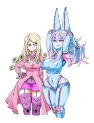 2girls animal_ears arms_up big_breasts blonde blonde_hair blue_eyes blue_hair blue_skin breasts bunny_ears busty cleavage clothing curvy dirty_deeds_done_dirt_cheap dress eyebrows_visible_through_hair eyelashes female female_only fully_clothed funny_valentine garter_straps highres huge_breasts jojo's_bizarre_adventure large_breasts legwear long_hair long_sleeves looking_at_viewer mannungei pink_dress pink_eyes pink_hair pink_thong pink_underwear purple_legwear purple_stockings purple_thighhighs rabbit_ears rule_63 sexually_suggestive smile smiling stand_(jjba) standing steel_ball_run stockings thick_thighs thighhighs thong two-tone_hair two_tone_hair underwear voluptuous white_background wide_hips