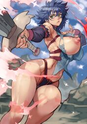 1girls 2020 absurdres bare_shoulders bastard!! black_hair blue_hair blue_sky blurry blurry_background blush breasts cloud cloudy_sky covered_nipples cowboy_shot curvaceous female fingernails green_eyes hair_between_eyes highres holding holding_sword holding_weapon human kai_harn large_breasts light-skinned_female light_skin long_hair looking_at_viewer mountain muscular_female navel nipples outdoors parted_lips pink_lips short_hair shounen_jump sky sparkle sword thick_thighs torn_clothes turtleneck warrior weapon wide_hips yoshi55level