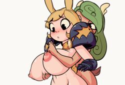 animal_humanoid animated antlers areola armor big_breasts blonde_hair blush breast_fondling breasts carnivate cervid cervid_humanoid duo female female/female fondling grabbing_from_behind green_hair hair hand_on_breast horns humanoid lagomorph lagomorph_humanoid leporid_humanoid long_hair mammal mammal_humanoid navel nipples nude pauldron puffy_areola rabbit_humanoid simple_background white_background wide_eyed yuri