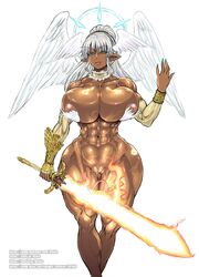 abs angel angel_wings armor bare_back bare_legs barefoot choker dark-skinned_female dark_skin earrings erection female female_only head_wings huge_ass huge_breasts innie_pussy jewerly manicure melzel muscular_female naughty_face ponytail rebis seductive seductive_smile sharp_ears silver_hair smile solo_female sword testicles thick_thighs toned turquoise_eyes