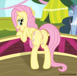 bent_over blush breasts crotchboobs cutie_mark equid equine female feral fluttershy_(mlp) fluttershyfann80085 friendship_is_magic fur furry genitals hair hasbro hi_res hooves long_hair looking_at_viewer looking_back looking_back_at_viewer mammal my_little_pony outside pegasus plump_labia presenting pussy raised_tail solo spread_legs spreading wings